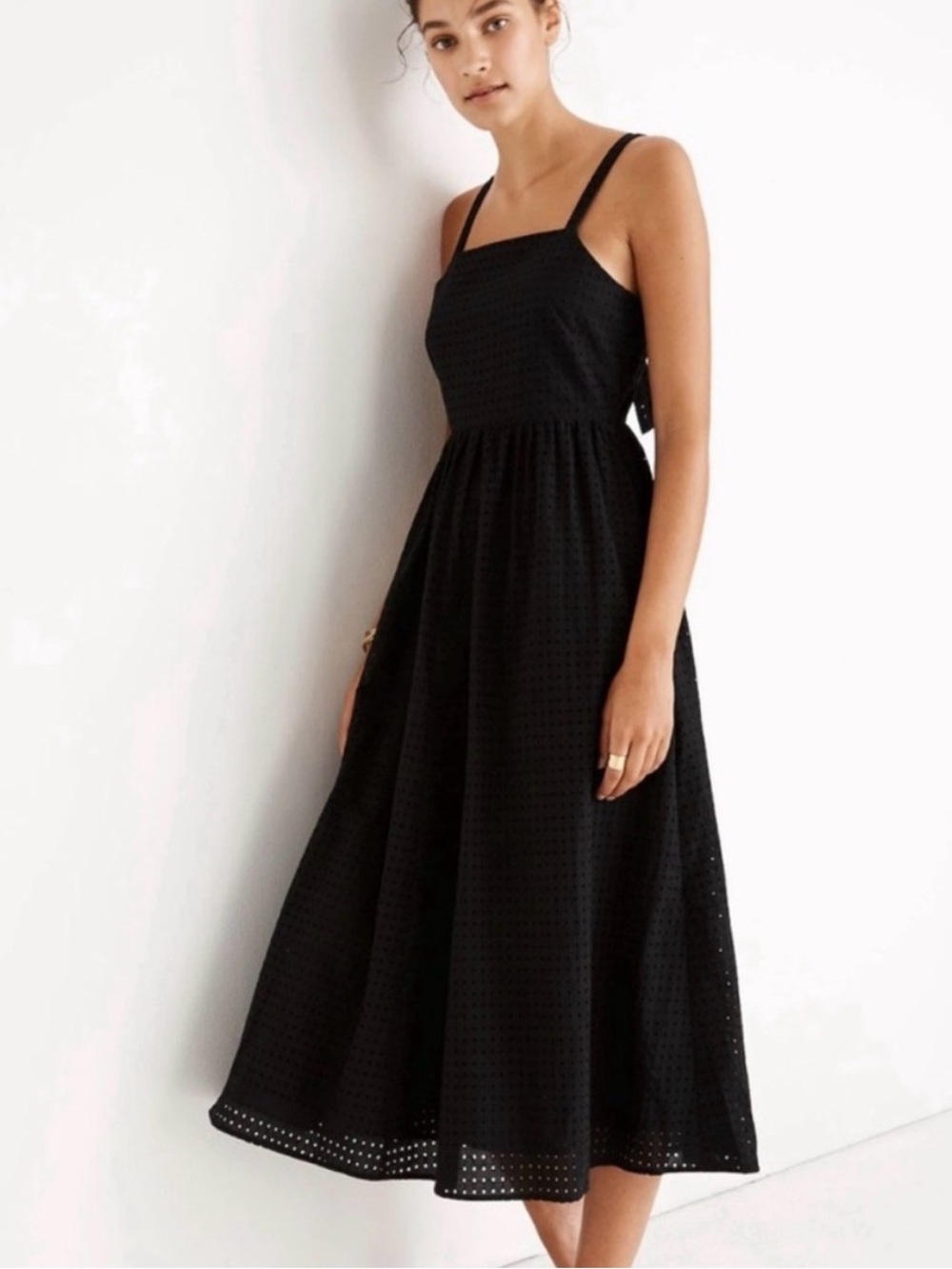 Madewell Black Eyelet Midi Dress with Square Neck